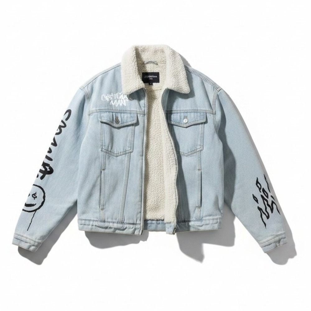 boohooMAN Light Wash Sherpa Lined Denim Jacket, Graffiti Smiley Face Men's Small